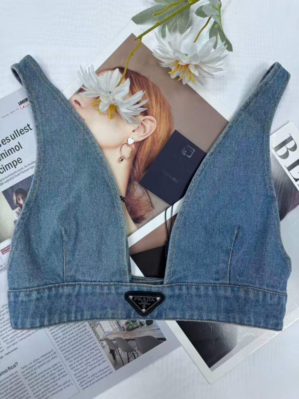 Prada Denim Crop Top 👙 Bralette Triangle Logo Blue 😝 NWT